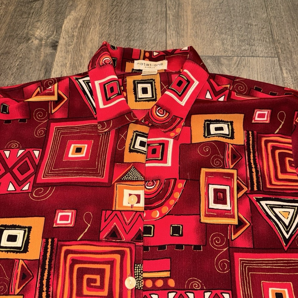 Vintage Notations Button Up Blouse Women 2X Red Geometric Long Sleeve 80s Retro - Picture 5 of 11